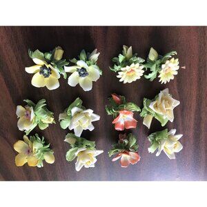 Vtg Capodimonte Set Of 6 Pairs Different Mini Flowers Made In Italy Gold Accents
